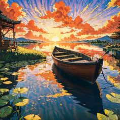 a painting of a boat on the water with lily pads in front of an orange sky