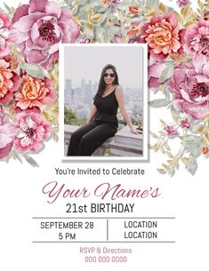 a birthday party with pink flowers and an image of a woman