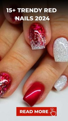 Short Acrylic Xmas Nails, Sparkle Red Christmas Nails, Ombre Red Nail Designs, Christmas Red Gel Nails, Red Silver Christmas Nails, Red Glitter Dip Powder Nails, Christmas Red Glitter Nails, Red And White Holiday Nails, Christmas Nails Acrylic Glitter