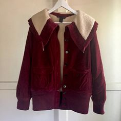 Wonderful Burgundy Corduroy Jacket By Marc Jacobs ! In Perfect Condition ! I Bought This Jacket New And New Wore It . It’s Been Tucked Away Nicely In A Storage Bag . Measurements When Flat - Shoulder To Shoulder 17 Inches , Shoulder To Bottom 27 Inches , Sleeve 26 Inches , Underarm To Underarm 21 Inches . Fully Lined . See Photos . Feel Free To Ask Questions) Winter Red Outerwear With Corduroy Collar, Bag Measurements, Corduroy Jacket, Red Jacket, Marc By Marc Jacobs, Burgundy Red, Storage Bag, Marc Jacobs, Bag Storage