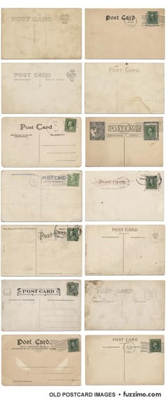 old postcards with stamps on them are shown in different sizes and shapes, including the letter