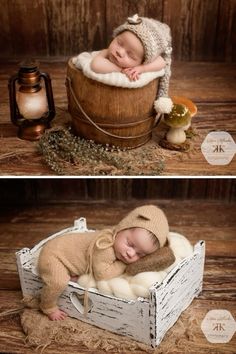 two photos of a baby in a basket with a hat on and another photo of a newborn