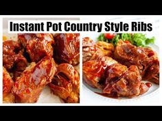 three different pictures with the words instant pot country style ribs on them and an image of meat