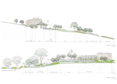 two drawings of trees and buildings on top of a hill