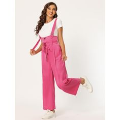 Show your casual laid-back vibes in this cute straight-fit overall jumpsuit. This woven overall jumpsuit features a low square neckline, shoulder straps, a partial button-front placket, a removable self-tie at the waist, a wide leg, and a relaxed silhouette. Soft fabric makes this overall jumpsuit comfortable to wear. It makes you beautiful with fashion and classic design and makes you stand out in the crowd. This loose-fit overall jumpsuit suit is for most ladies, you can pair it with a T-shirt Trendy Overalls With Adjustable Straps, Trendy High-waist Jumpsuits And Rompers With Suspenders, Trendy Spring Jumpsuits And Rompers With Square Neck, Trendy Jumpsuit With Adjustable Straps And Bib Front, Trendy Jumpsuits With Adjustable Straps And Bib Front, Casual Wide Leg Jumpsuits And Rompers With Button Closure, Summer Wide Leg Jumpsuit With Button Closure, Casual Wide-leg Jumpsuits And Rompers With Button Closure, Casual Pink Solid Color Jumpsuits And Rompers