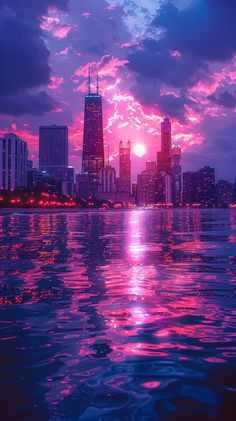 the sun is setting over a city with skyscrapers in the foreground and water reflecting on the surface