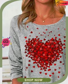 Casual Heart/cordate Crew Neck Buttoned Loose T-shirt Spring Heart Print Crew Neck Tops, Spring Heart Patch Crew Neck Top, Spring Crew Neck Top With Heart Patch, Casual Heart Print T-shirt For Valentine's Day, Casual Valentine's Day T-shirt With Heart Graphic, Fall Crew Neck Top With Heart Graphic, Fall Cotton T-shirt With Heart Print, Casual Tops With Valentine's Day Graphic Print, Casual Fall Tops With Heart Graphic