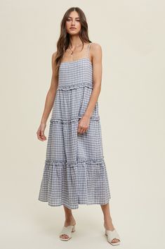 Blue Gingham Ruffle Tiered Midi Dress– PinkBlush Picnic Plaid Midi Dress With Ruffles, Plaid Midi Dress With Ruffles For Picnic, Gingham Dress With Ruffled Hem And Straps, Gingham Plaid Dress With Ruffles For Brunch, Gingham Plaid Dress With Ruffles For Day Out, Gingham Tiered Ruffle Dress, Gingham Tiered Dress For Picnic, Gingham Tiered Dress With Ruffles, Ruffled Midi Plaid Dress