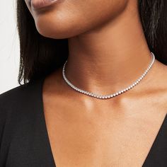 Lead the pack in style wearing this captivating lab-created diamond tennis choker necklace in white gold. Crafted in cool 10K white gold Round lab-created diamonds line this design in sparkle. Radiant with 4 cts. t.w. of lab-created diamonds This 15.0-inch choker necklace secures with a box clasp. Diamond White Tennis Necklace With Clavicle Chain, White Gold Clavicle Tennis Necklace, Formal Diamond Tennis Necklace Choker, Classic Tennis Necklace With Clavicle Chain, Formal Diamond Tennis Choker Necklace, Classic Tennis Choker Necklace For Formal Occasions, Classic Formal Tennis Choker Necklace, Minimalist Tennis Necklace With Vvs Clarity, Minimalist Tennis Necklace For Anniversary