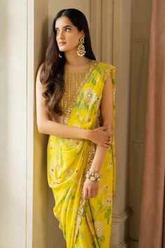 Lime yellow crepe pre-draped saree with floral print and mirror, sequins and thread embroidery. Comes with a cotton silk padded blouse. - Aza Fashions Yellow Floral Saree, Paulmi And Harsh, Draped Saree, Floral Saree, Lime Yellow, Padded Blouse, Drape Saree, Yellow Saree, Blouse For Women