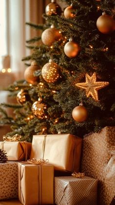 presents under the christmas tree with gold ornaments