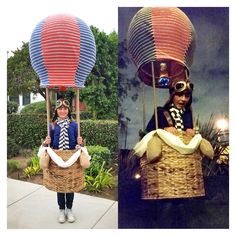 two pictures one with a woman in a hot air balloon and the other with a man in a suit