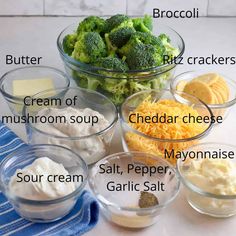 the ingredients for broccoli dip in small bowls