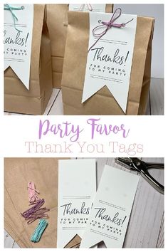 some brown paper bags with thank tags attached to them and the words party favors on them