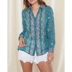 Beautiful Shade Of Blue On This Button Down With Decorative Trim Green Bohemian Blouse With Buttons, Bohemian Green Blouse With Buttons, Purple Button-up Blouse For Daywear, Daywear Purple Top With Button Closure, Purple Button Closure Top For Daywear, Purple Tops With Button Closure For Daywear, Purple Top With Button Closure For Daywear, Button Up Shirt Womens, Shade Of Blue