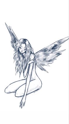 a pencil drawing of a fairy sitting on the ground