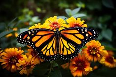 a butterfly sitting on top of yellow flowers