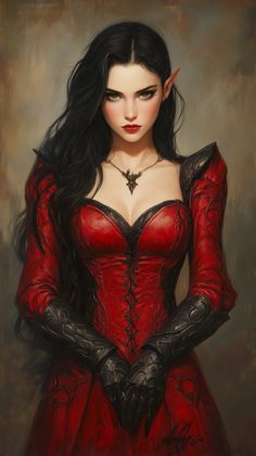 a painting of a woman with long black hair wearing a red corset and gloves