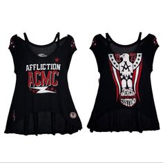 Sinful By Affliction Women's T-Shirt Shoulder Cold Top Freeide Brand: Affliction Color: Black Style: Freedie / Aw5807 Material: 100% Cotton Detail: Scope-Neck Shirt, Printed In Front & Back, Design In Usa, Country Of Manufacture: Usa Rebellious Short Sleeve Streetwear Tops, Rebellious Short Sleeve Tops For Streetwear, Black Rebellious Streetwear Tops, Edgy Graphic Print Tops For Festivals, Fitted Graphic Tee For Alternative Fashion, Rebellious Cotton Tops For Streetwear, Edgy Distressed Tops For Festival, Black Band Merch Top For Festival, Distressed Punk Tops For Summer