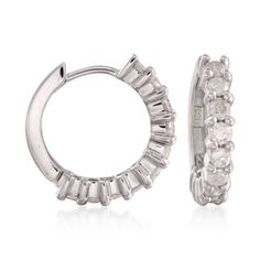 Ross-Simons - 1.00 ct. t. w. Diamond Hoop Earrings in 14kt White Gold. 5/8". Twenty round brilliant-cut diamonds totaling 1.00 ct. light up our incredible 14kt white gold hoop earrings. These fashion essentials glimmer with personality and style at a great price! Set in 14kt white gold. Hanging length is 5/8". Hinged post, diamond hoop earrings. Diamond birthstones are the perfect gift for April birthdays. Formal Round Huggie Earrings With Single Cut Diamonds, Sterling Silver Round Channel Set Diamond Earrings, Formal Round Hoop Earrings With Channel Set, Formal Round Hoop Earrings With Prong Setting, Formal Small Hoop Diamond Earrings With Prong Setting, Round Huggie Earrings With Single Cut Diamonds For Anniversary, Anniversary Hoop Diamond Earrings With Vvs Clarity, Diamond White Hoop Earrings With Diamond Cut, Channel Set Diamond Earrings