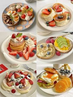 there are many different types of food on the plates and in each plate, including pancakes