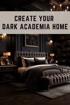 a bedroom with dark colored furniture and lighting