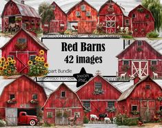 red barns with sunflowers and farm animals in the background are featured on this digital collage