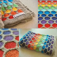 a knitted blanket with different colors and patterns