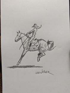 a drawing of a man riding a horse with a lasso on his back and the words leavewater written in black ink