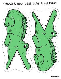 two green alligators are facing each other with the words greater than less than alligators