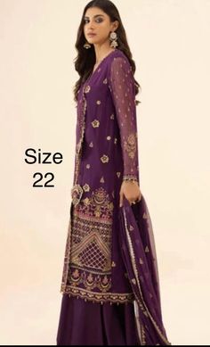 Size large  Chest size 22  Sapphire party wear  full Embriodered 3 piece outfit.  Shirt : full Embriodered chiffon  with duppata chiffon Palazzo plain Color :purple  Same as  picture Formal Purple Lawn Suit With Dupatta, Purple Lawn Suit With Dupatta For Formal Occasions, Formal Purple Unstitched Suit, Purple Semi-stitched Formal Set, Purple Long Sleeve Unstitched Suit For Party, Purple Unstitched Lawn Suit With Zari Work, Festive Purple Lawn Suit With Zari Work, Festive Purple Lawn Suit With Dabka Work, Elegant Semi-stitched Purple Sets