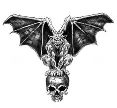 a skull with a bat on it's head and wings flying above the skull