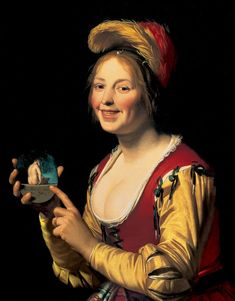 a painting of a woman holding a small bird in her right hand and smiling at the camera