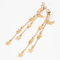 Claire's Gold Moon & Stars Linear Drop Earrings Gold Moon-shaped Earrings For Party, Star And Moon Earrings Dangle, Celestial Yellow Gold Dangle Earrings, Celestial Moon Charm Drop Earrings, Gold Star-shaped Celestial Earrings, Gold Moon, Star Jewelry, Metal Style, Gold Stars