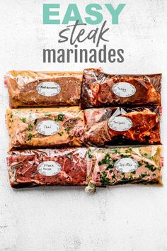 four bags of steak marinades with the text easy steak marinades on top and below