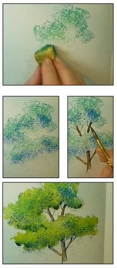 the process of drawing a tree with colored pencils