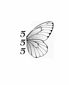 a black and white drawing of a butterfly with the number five on it's wing