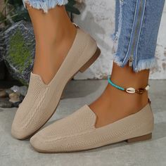 Olivia Mark - Casual Flat Bottom Woven Slip-On Loafers with Square Toe Navy Blue Sky, Square Head, Chunky Heels Sandals, Shoe Covers, Gray Light, Open Toe Sandals, Casual Flats, Knit Fashion, High Heel Pumps