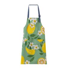 a green apron with lemons and flowers on it