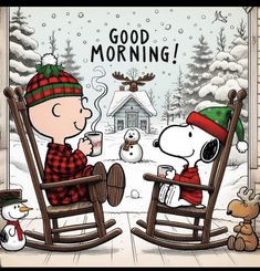 snoopy and his dog are sitting on rocking chairs in the snow