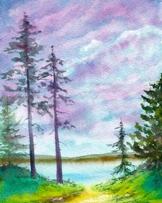 a watercolor painting of trees and a path leading to the ocean on a cloudy day