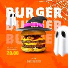 a burger with a witches hat and ghost legs on an orange background for halloween advertising