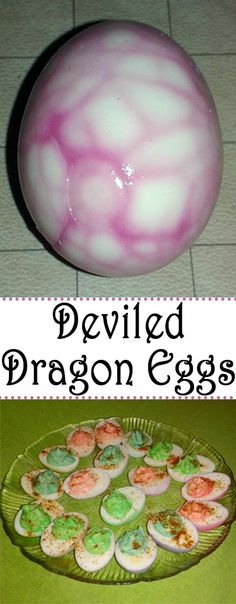 deviled dragon eggs on a green tray next to an egg with pink and white dye