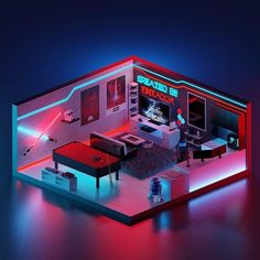 a room with neon lights and furniture in it