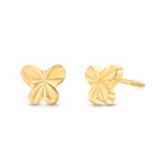 Give your little dreamer a dazzling gift with these pretty diamond-cut butterfly stud earrings. Hollow 14K gold Each butterfly earring features a diamond-cut texture and rounded edges Screw backs Butterfly Earring, Butterfly Stud Earrings, Butterfly Earrings Stud, Butterfly Earrings, Stud Earrings Set, Butterfly Design, Diamond Cut, The Dreamers, Screw