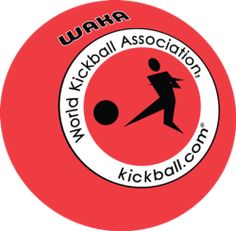 a red and white sticker with the words waha world kickball association on it