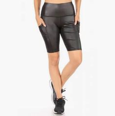 These leather biker shorts will pair with any over sized shirt or workout top for a cute outfit on the go this summer! They are super stretchy and have pockets on both sides so grab yours today! 92% polyester, 8% spandex Trendy Biker Shorts For Sports, Fitted Gym Biker Shorts With Pockets, Fitted Biker Shorts With Pockets For Gym, Casual Biker Shorts With Pockets For Gym, Black Biker Shorts With Pockets For Gym, Stretch Biker Shorts With Pockets, Stretch Biker Shorts With Pockets For Workout, Stretch Biker Shorts With Pockets In Black, Casual Biker Shorts With Pockets