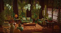 a living room filled with lots of furniture and plants in vases on the floor