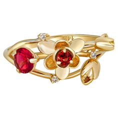 Orchid ring with ruby. Round ruby 14k gold ring. Flower ruby ring. Gold branch ring. July birthstone ring. Gold leaves ring. Gold ruby ring. Metal type: Gold Metal stamp: 14k Gold Weight: 2.30 g. depends from size. Gemstones: Natural Ruby: round shape, pinkish red color, VS-Si clarity, 1 piece 0.45-0.50 ct. Surrounding stones: Diamonds (F/VS), round brilliant cut, weight: 3 x 0.01 ct, total: 0.03 ct. Garnet, round cut, red color, transparent, 0.08 ct. october24 Gold Ring Flower, Real Ruby Rings, Dainty Ruby Ring, Orchid Ring, 14k Gold Ruby Ring, Gold Ruby Ring, Ring With Ruby, Leaves Ring, July Birthstone Ring