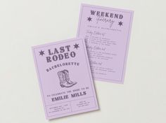 two purple wedding cards with the words last rodeo written on them